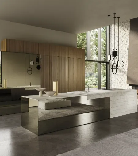 Cucina Design con isola Elementi 03 in vetro, legno e ceramica di Snaidero