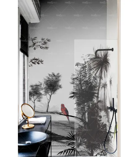 Carta da parati per ambienti umidi Imaginary Paradise  con volatile appoggiato su un ramo in un paesaggio ameno di Wall&Decò