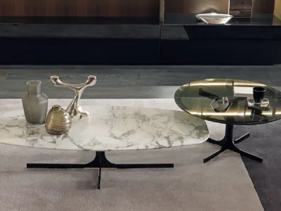 Tavolino Janus con base in metallo e top in marmo o vetro fumè di Misuraemme