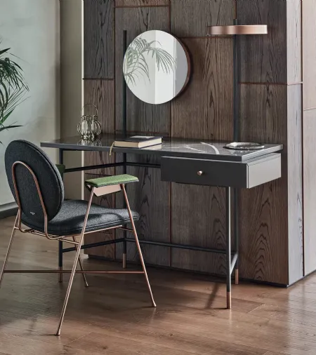 Scrittoio Vanity con top in marmo, cassetto in legno laccato e struttura in acciaio di Bontempi