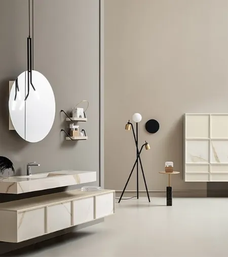 Mobile da Bagno sospeso Des 02 con frontali in laminam Calacatta Oro di Cerasa