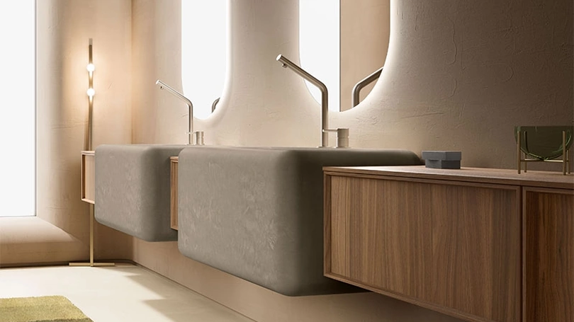 Mobile da Bagno Des Evolution Caramel 02 in Noce Canaletto con lavabi in resina di Cerasa