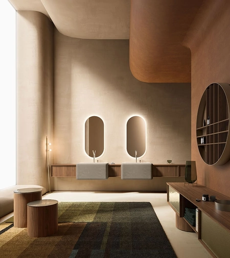 Mobile da Bagno Des Evolution Caramel 02 in Noce Canaletto con lavabi in resina di Cerasa