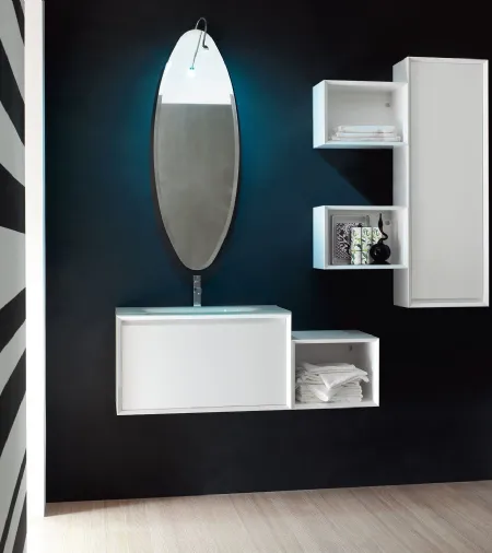 Mobile da Bagno sospeso laccato Bianco lucido con top in cristallo Bianco E-45 05 Arcom