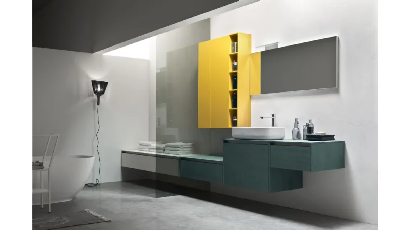 Mobile da Bagno sospeso in Rovere Segale con pensile laccato Giallo opaco Escape 33 di Arcom