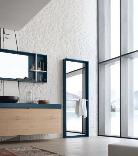 Mobile da Bagno sospeso La Fenice 14 in Rovere nodato riso con top in laccato opaco Petrolio di Arcom