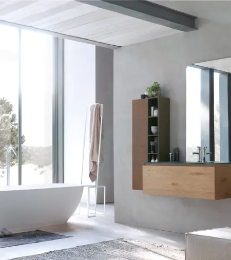 Mobile da Bagno sospeso La Fenice 12 in rovere nodato naturale con top in cristallo extralight Verde bosco con lavabo integrato di Arcom