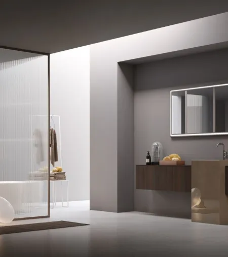 Mobile da Bagno a terra Pollock 63 in Eucalipto con lavabo in gres lucido di Arcom