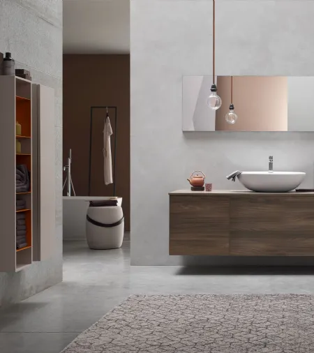 Mobile da Bagno sospeso in Olmo marrone con vano a giorno laccato Mattone opaco E-Ly 77 di Arcom
