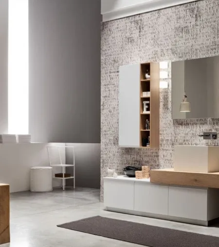 Mobile da Bagno a terra laccato Bianco con piano in Rovere Soul 02 di Arcom