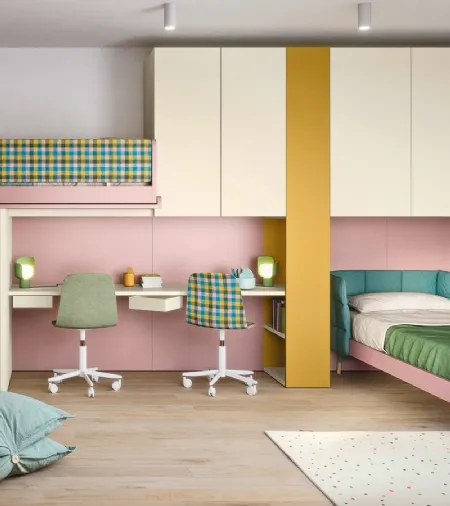Cameretta a soppalco con scrivania Kids space 16 in melaminico di Nidi
