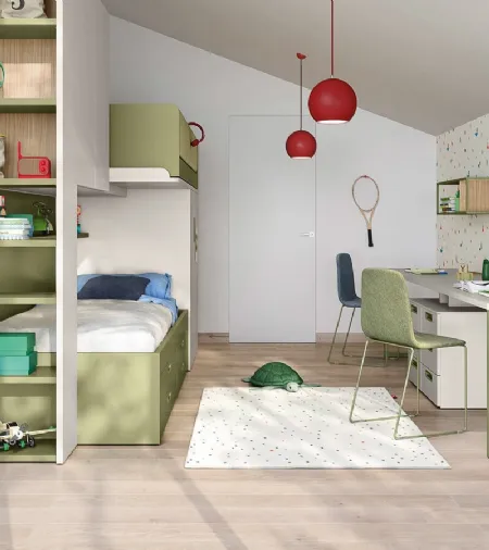 Cameretta a soppalco con scrivania Kids space 17 in melaminico di Nidi