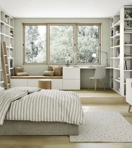 Cameretta componibile con scrivania e 2 librerie a muro Next space 01 di Nidi
