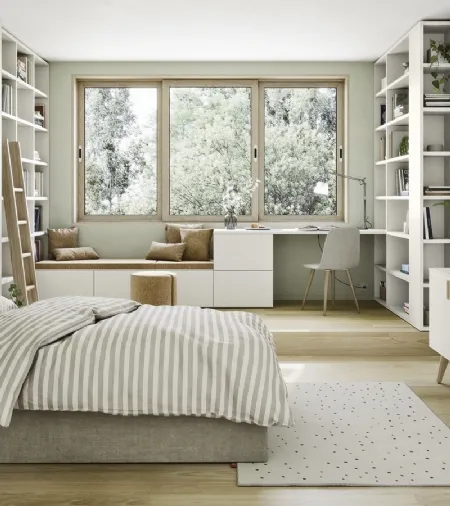 Cameretta in laccato opaco con 2 ampie librerie a muro Next space 01 di Nidi
