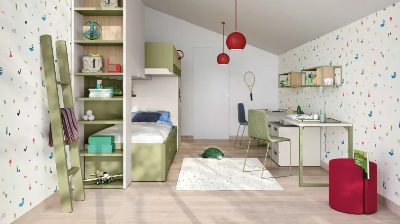 Cameretta in laccato opaco color luna e pistacchio con letti a castello Kids space 17 di Nidi