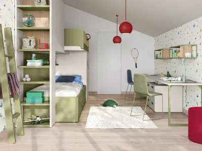 Cameretta in laccato opaco color luna e pistacchio con letti a castello Kids space 17 di Nidi