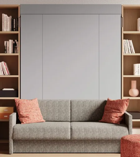 Letto a scomparsa con divano integrato e libreria Im 22 04 Nobu in melaminico Rovere e laccato opaco di Clever