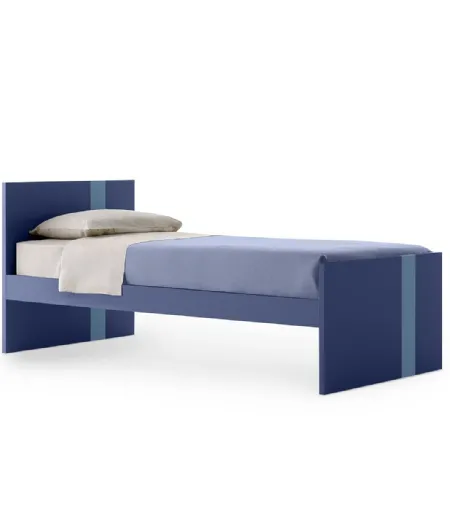 Letto singolo Lila in melaminico Blu con striscia Azzurra sulla testiera e sulla pediera di Nidi