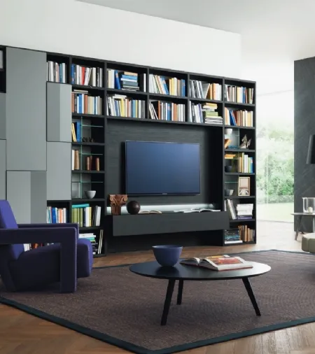 Libreria con vano porta TV Modo M6C72 in laccato opaco e Rovere carbone di Sangiacomo