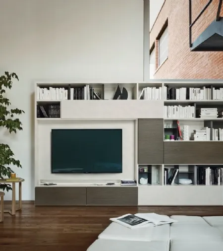 Libreria con vano porta TV Modo M6C73 in laccato opaco e materico Loto natura di Sangiacomo