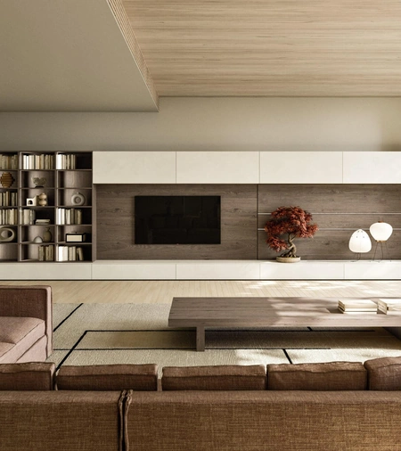 Parete Attrezzata Modula Composizione 02 in ceramica bianco calce e impiallacciato rovere di Snaidero