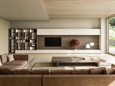 Parete Attrezzata Modula Composizione 02 in ceramica bianco calce e impiallacciato rovere di Snaidero