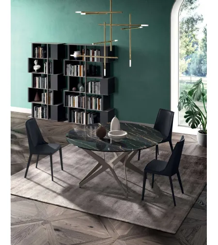 Tavolo Big Round Fisso in Cristallo Ceramica Noir Desir con base in metallo di Ozzio