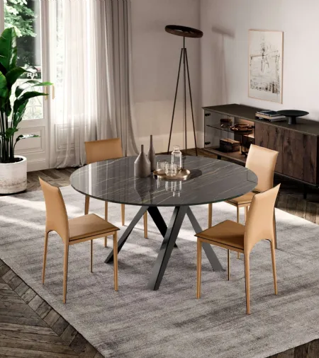 Tavolo rotondo Emisfero Fisso con top in Cristallo Ceramica Noir Desir e base in metallo di Ozzio