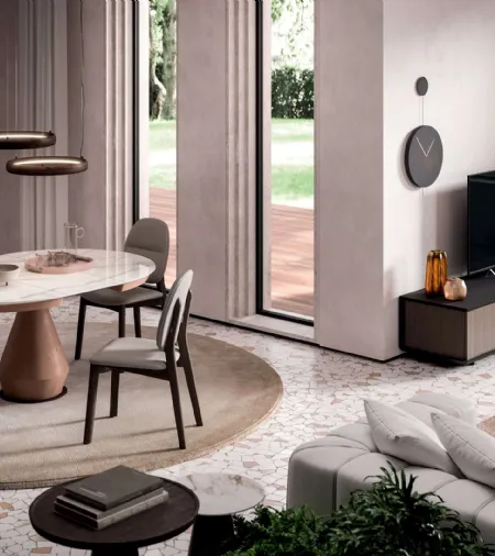 Tavolo allungabile Lycos con top in Marble Glass Calacatta Gold lucido e base in metallo verniciato Bronzo di Ozzio