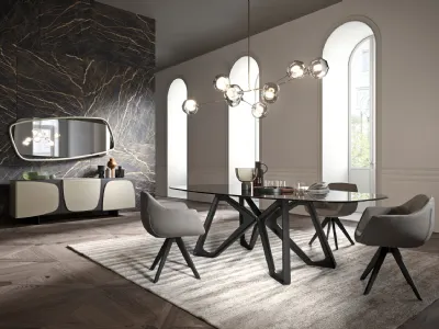 Tavolo in cristallo con base in massello di rovere Papillon di Ozzio