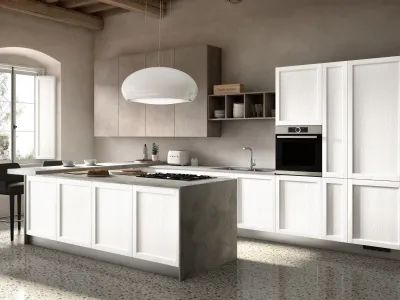 Cucina Classica in legno di Frassino finitura Bianco con penisola Primula di Essebi