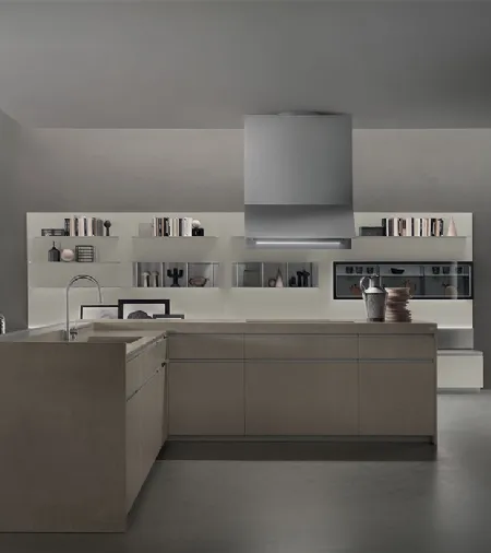 Cucina Design con isola ad angolo Icon 02 in gres porcellanato e rovere quercus di Ernestomeda