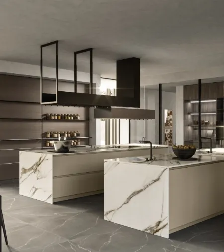 Cucina Design con doppia isola Link 02 in laccato e gres di Snaidero
