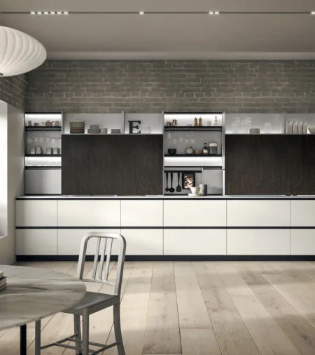 Cucina Design lineare Link in laccato Bianco e nobilitato effetto legno di Snaidero