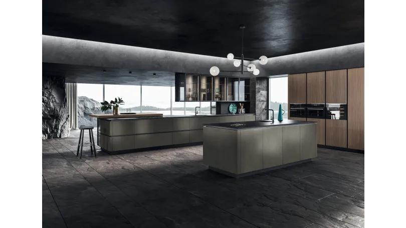 Cucina Design con isola Look in Alluminio verniciato e Olmo Visone di Snaidero