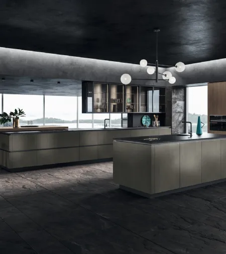 Cucina Design con isola Look in Alluminio verniciato e Olmo Visone di Snaidero