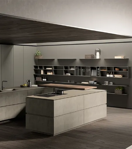 Cucina Design con isola Obliqua 02 in Biomalta Grigio Siliceo di Ernestomeda