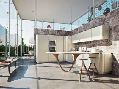 Cucina Design in laccato con penisola caratterizzata da una innovativa gamba curva Ola di Snaidero