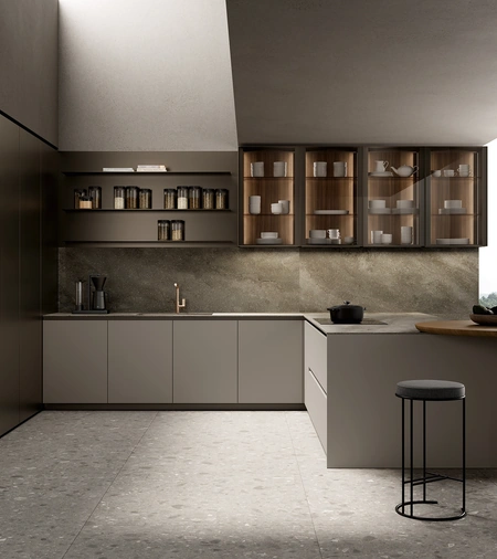 Cucina Design con penisola One 03 in alluminio laccato effetto metallo di Ernestomeda
