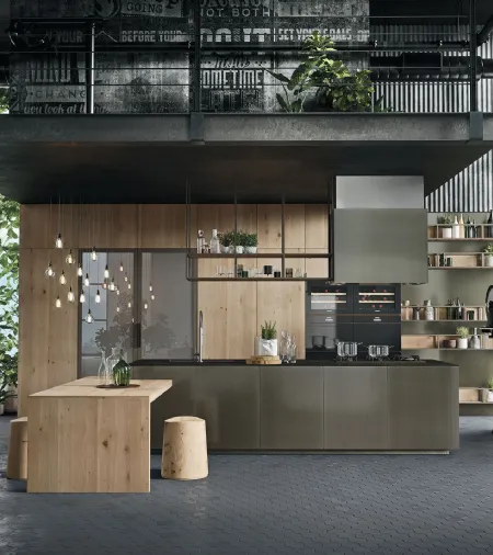 Cucina Design con penisola Opera 02 in acciaio e materico rovere di Snaidero