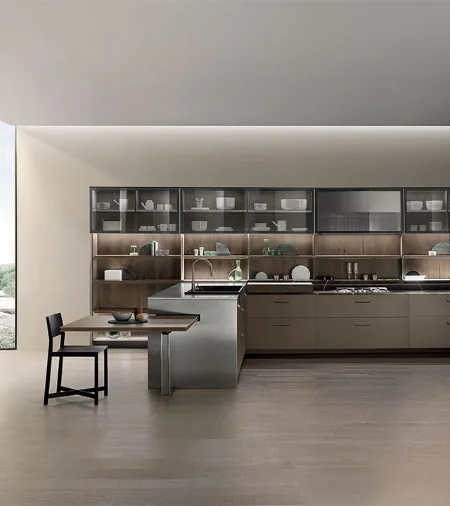 Cucina Design con penisola Soul 02 in rovere d'ombra nodato e laccato opaco di Ernestomeda
