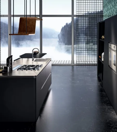 Cucina Design con isola Vision 01 in laccato nero di Snaidero