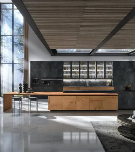 Cucina Design con isola Way Materia 02 in gres porcellanato e materico rovere di Snaidero