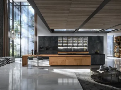 Cucina Design con isola Way Materia 02 in gres porcellanato e materico rovere di Snaidero