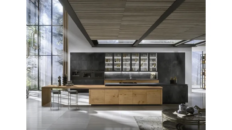 Cucina Design con isola Way Materia in gres Ossido Nero e Rovere di Snaidero