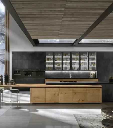 Cucina Design con isola Way Materia in gres Ossido Nero e Rovere di Snaidero