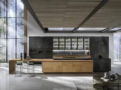 Cucina Design con isola Way Materia in gres Ossido Nero e Rovere di Snaidero