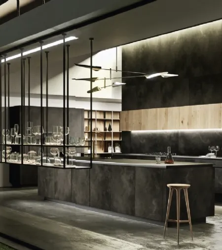 Cucina Design con isola Way Materia in gres Ossido Nero di Snaidero