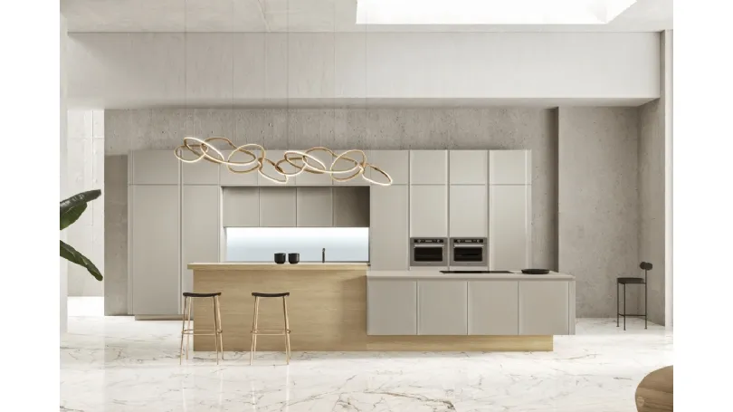 Cucina Design con isola Way Materia in vetro satinato grigio atlantico e rovere di Snaidero