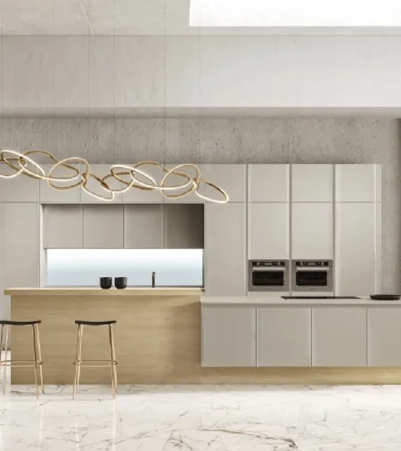 Cucina Design con isola Way Materia in vetro satinato grigio atlantico e rovere di Snaidero